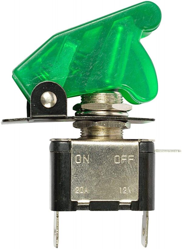 UNIVERSAL 12V 20AMP. ILLUMINATED AIRCRAFT/PILOT STYLE LED TOGGLE SWITCH WITH green COVER